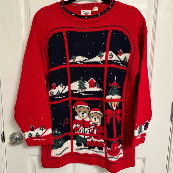 🎄 Vintage Ugly Christmas Sweater With Caroling Teddy Bears Winter Scene - Picture 1 of 8